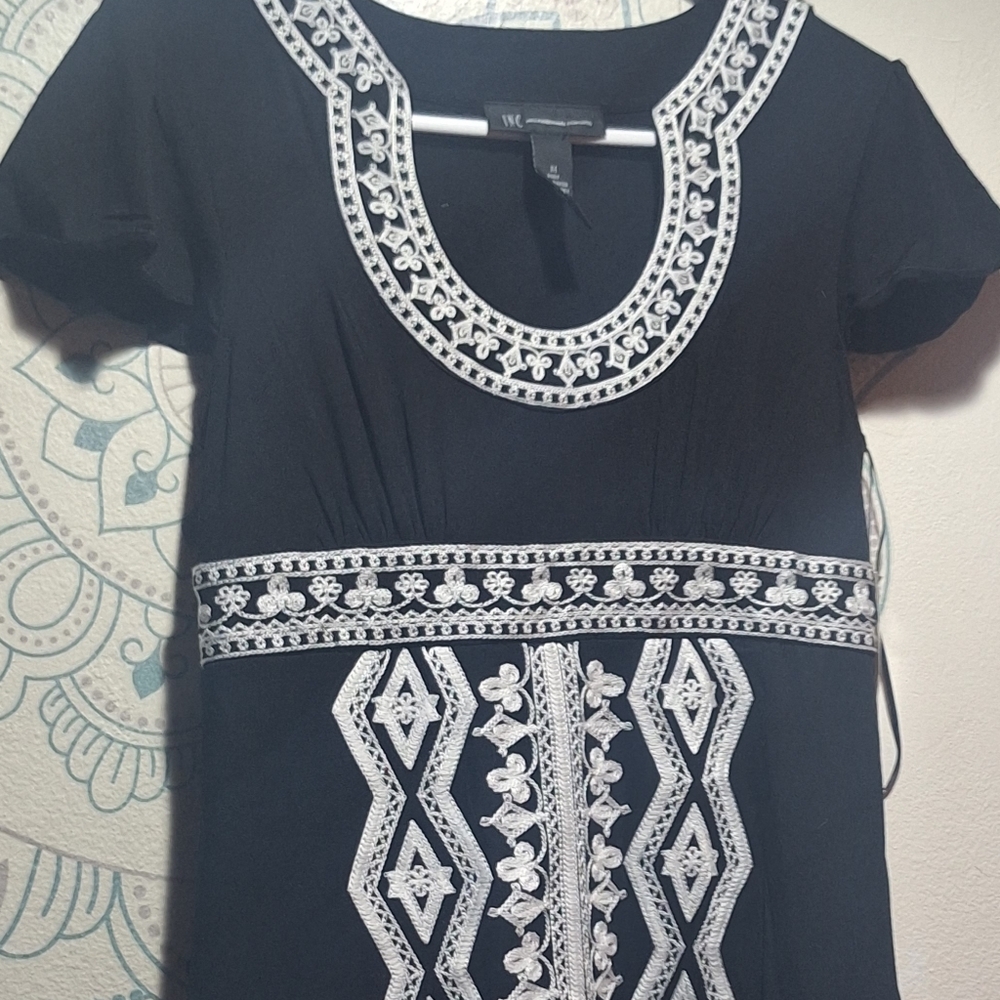INC International Concepts Black Dress with White Embroidered Trim